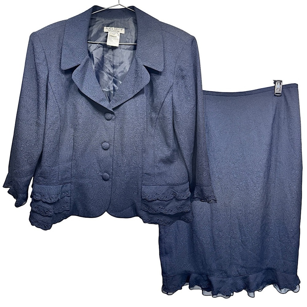 2 Piece Vintage Navy Blue Long Skirt & Waist Jacket Set Embossed Fabric Ruffles
